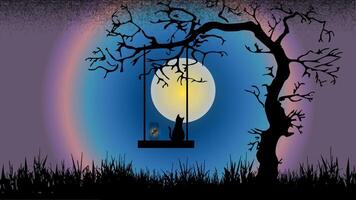Cat and fairy in a jar sitting on a swing under a tree at night vector