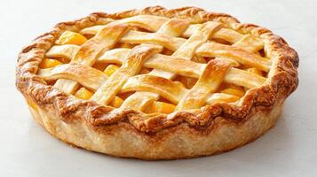 Delicious homemade peach pie with a lattice crust photo