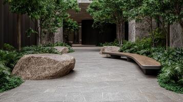 Modern courtyard with stone benches and lush greenery photo
