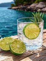 a glass of gin with lime slices and rosemary photo