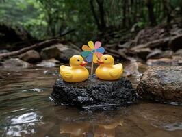 Two rubber ducks on a rock in a stream, with a colorful pinwheel between them photo
