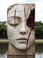 Closeup of a cracked stone face sculpture photo