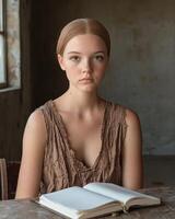 Young woman with freckles sitting at a wooden table with an open notebook photo
