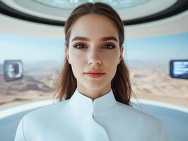 Portrait of a futuristic woman in a white collared shirt, looking directly at the camera in a spaceship setting photo