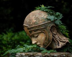Ancient stone statue of a helmeted womans head overgrown with ivy photo