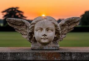 a statue of an angel with the sun setting behind it photo
