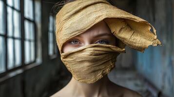 Mysterious woman with face covered by golden fabric photo