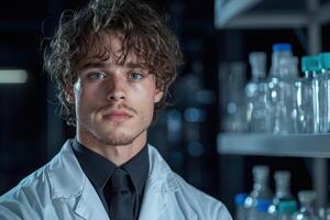 Portrait of a young scientist in a white lab coat photo