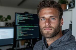 a man in a hoodie standing in front of a computer screen photo