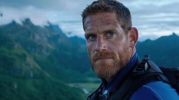Close up portrait of a man with a beard and blue eyes, standing in front of a mountain range photo