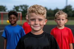 Smiling boy soccer player with freckles in the middle of two other young soccer players photo