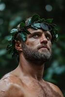 Portrait of a muscular man with a laurel wreath and a medallion on his forehead photo