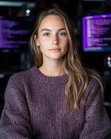 Portrait of a young woman programmer in front of computer screens displaying code photo