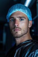 Portrait of a handsome male surgeon in scrubs and surgical cap photo
