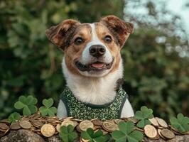 Happy dog with shamrocks and gold coins for St Patricks Day photo