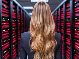Woman standing in a server room, looking at rows of servers photo