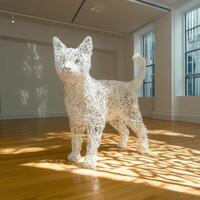 White wire cat sculpture in a sunlit gallery photo