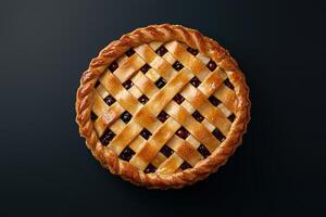 Overhead shot of a delicious berry pie with a lattice crust photo