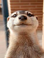 Close up portrait of a meerkat looking directly at the camera photo