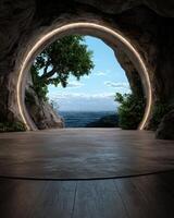 Circular window in a cave overlooking the ocean photo