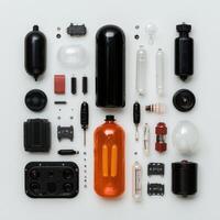 Assorted electronic components and parts arranged on a white background photo