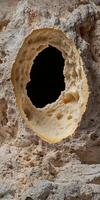 Close up of a textured stone with a circular hole photo