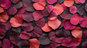 Red and burgundy rose petals on dark background photo