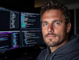 Portrait of a focused programmer working late at night with many screens photo