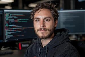 Portrait of a young programmer working on his computer photo