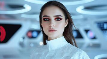 Woman with Futuristic Makeup in a Modern Setting photo