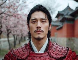 Portrait of a man in red armor against a cherry blossom backdrop photo