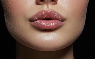 Close up of womans lips with glossy lip gloss photo