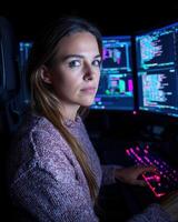 Focused female programmer working late at night on multiple computer screens photo