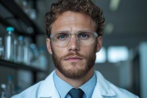 Portrait of a serious scientist in a lab coat and glasses photo