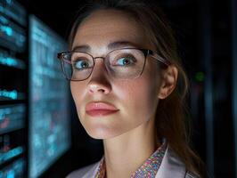 Focused female programmer looking at a server screen photo