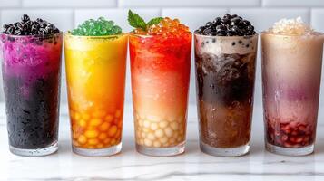 Five refreshing bubble tea drinks with various toppings photo