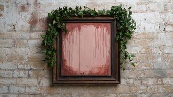 Blank canvas with greenery on rustic brick wall photo