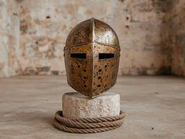 Medieval knights helmet on stone pedestal photo