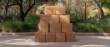 Stack of Cardboard Boxes in a Park Setting photo