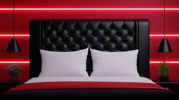 Luxury modern bedroom interior with red walls and black headboard photo