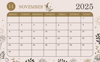 2025 November monthly calendar week start on Sunday with boho style that use for horizontal digital and printable A4 A5 size vector