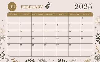 2025 february monthly calendar week start on Sunday with boho style that use for horizontal digital vector