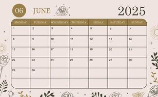 2025 june monthly calendar week start on Sunday with boho style that use for horizontal digital and printable A4 A5 size vector