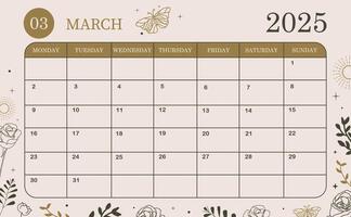 2025 march monthly calendar week start on Sunday with boho style that use for horizontal digital and printable A4 A5 size vector