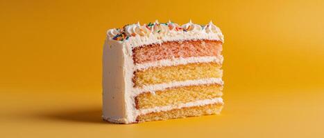 Delicious three layered cake with vanilla frosting and sprinkles photo