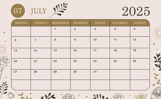2025 july monthly calendar week start on Sunday with boho style that use for horizontal digital and printable A4 A5 size vector