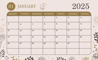 2025 January monthly calendar week start on Sunday with boho style that use for horizontal digital and printable A4 A5 size vector