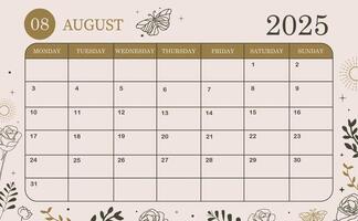 2025 august monthly calendar week start on Sunday with boho style that use for horizontal digital and printable A4 A5 size vector