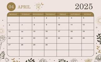 2025 april monthly calendar week start on Sunday with boho style that use for horizontal digital and printable A4 A5 size vector