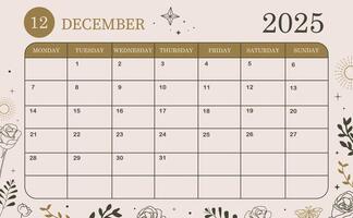 2025 december monthly calendar week start on Sunday with boho style that use for horizontal digital and printable A4 A5 size vector